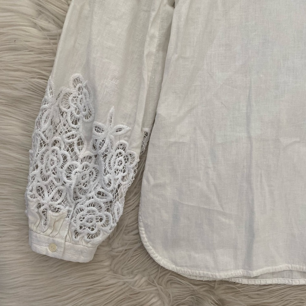Kobi Halperin Linen Blend White Tassel Neckline Blouse Split Neck Tunic Top - Picture 10 of 14